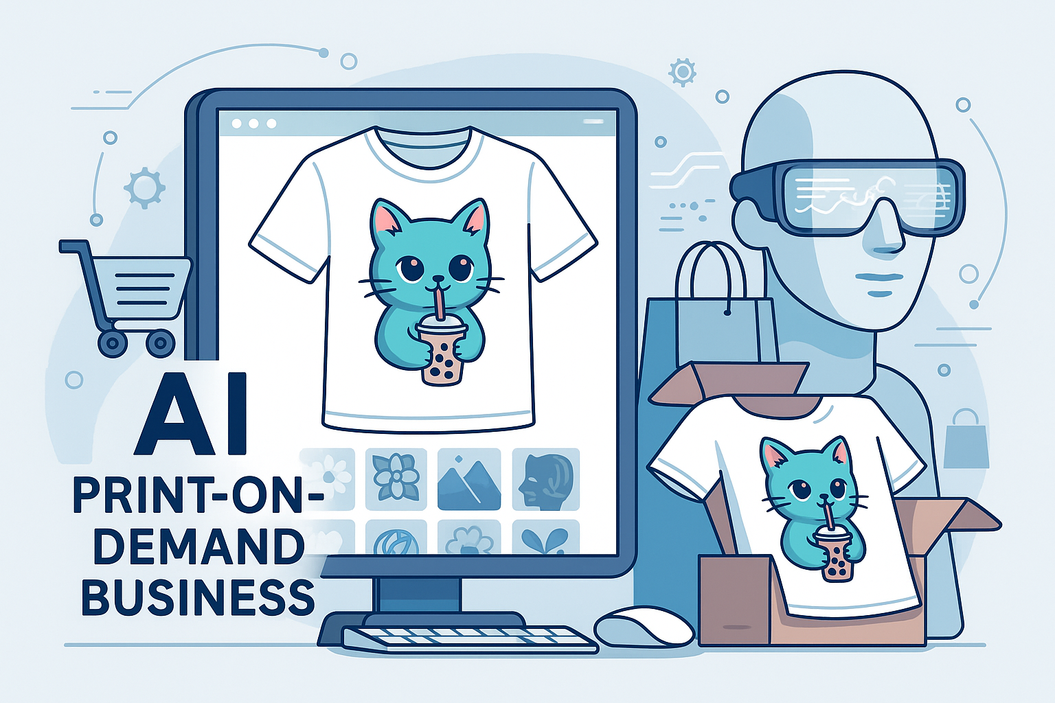 AI print-on-demand business illustration showing online store and custom product designs