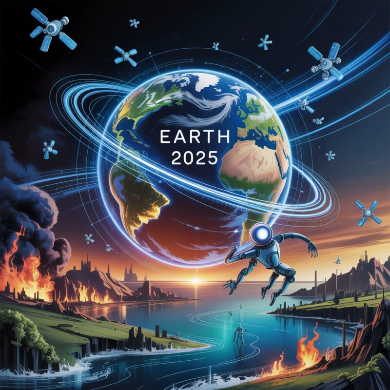 Futuristic globe with AI robots, climate disasters, and digital technology overlays representing sci-fi world events in 2025.