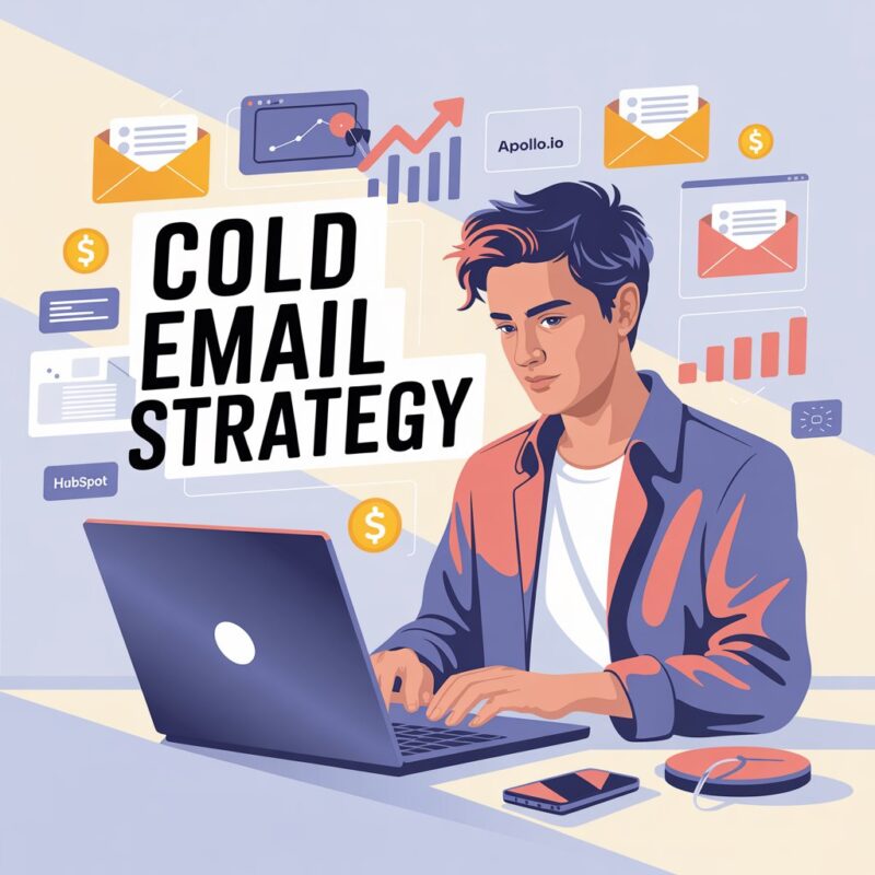 Illustration of a freelancer sending cold emails using a laptop, surrounded by marketing icons and tools like Apollo.io and HubSpot, representing a cold email outreach strategy for a digital agency.