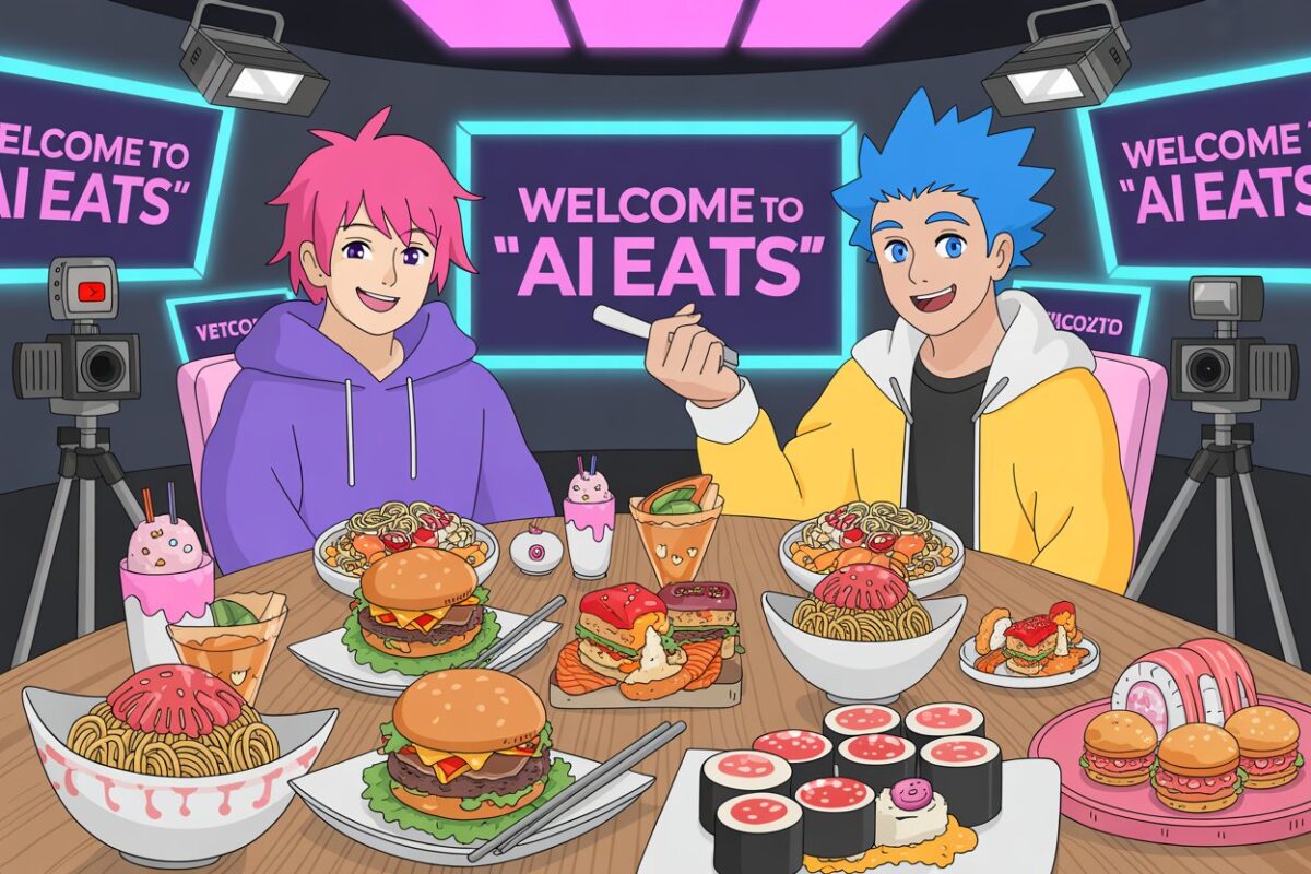 Cartoon-style illustration of two AI-generated avatars eating a colorful variety of food in a futuristic digital studio, inspired by the Mukbang YouTube trend.