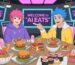 Cartoon-style illustration of two AI-generated avatars eating a colorful variety of food in a futuristic digital studio, inspired by the Mukbang YouTube trend.