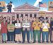 Cartoon illustration of diverse U.S. citizens holding signs about legal rights in front of a courthouse, including First Amendment, right to remain silent, and FOIA, with American flag in background.