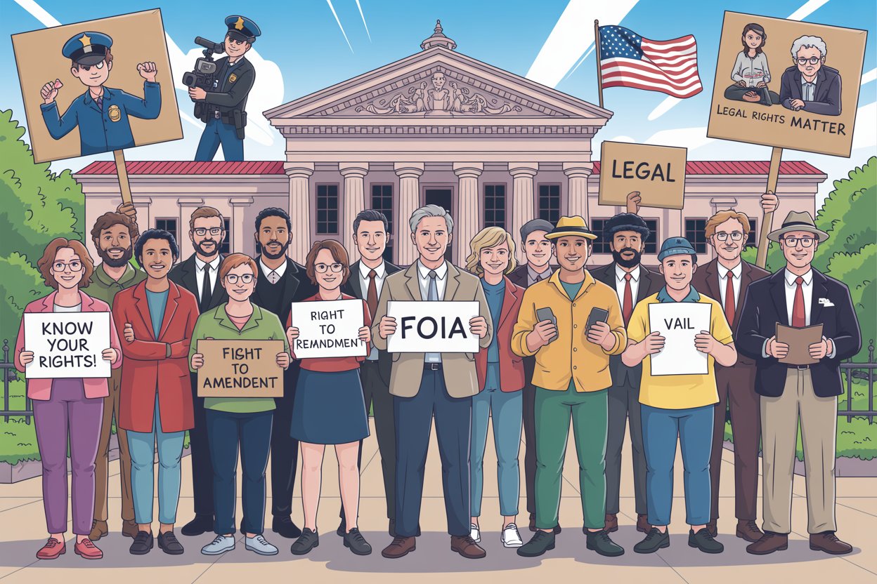Cartoon illustration of diverse U.S. citizens holding signs about legal rights in front of a courthouse, including First Amendment, right to remain silent, and FOIA, with American flag in background.