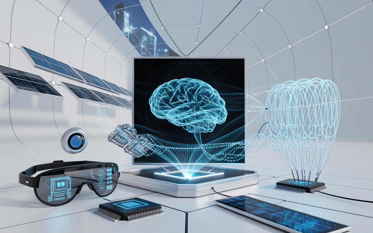 Illustration of emerging tech trends 2025 including AI, solar energy, and future technology

