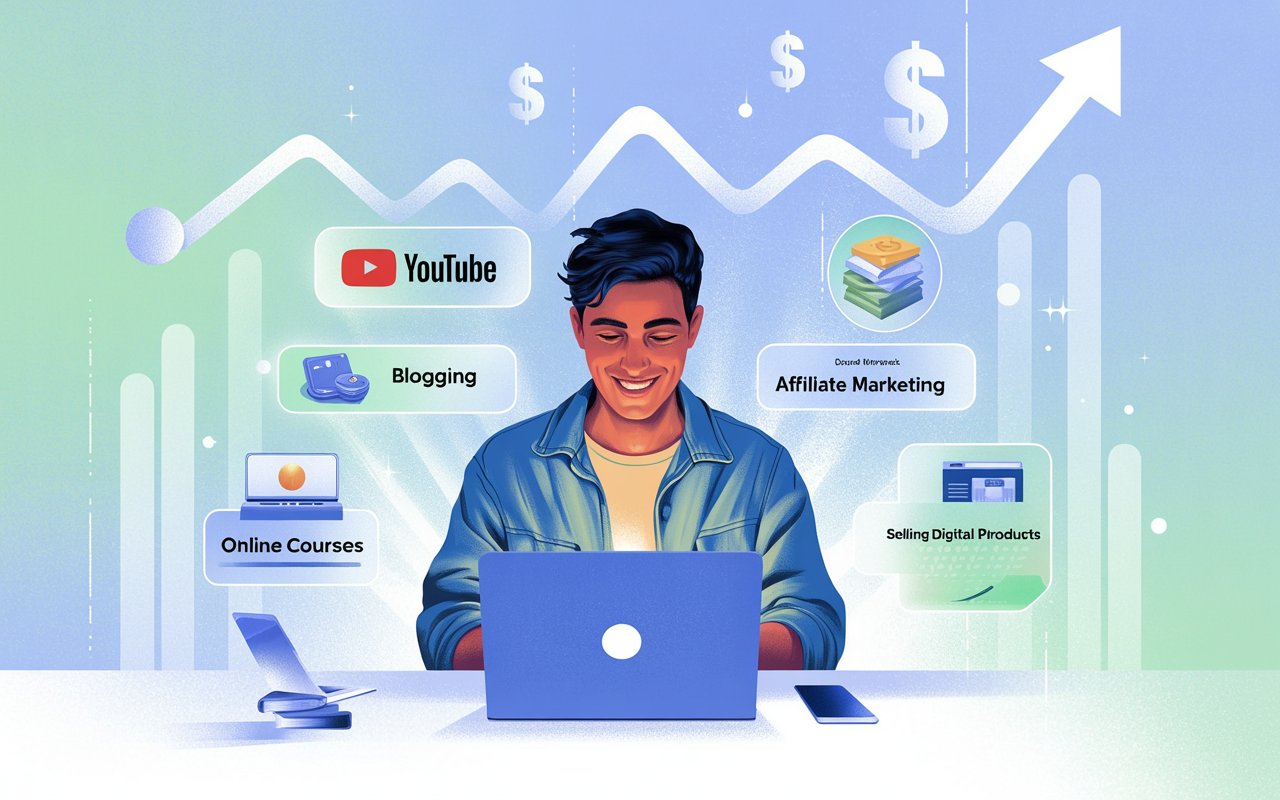 Passive income ideas with no money: illustration showing online income streams like blogging, YouTube, and digital products