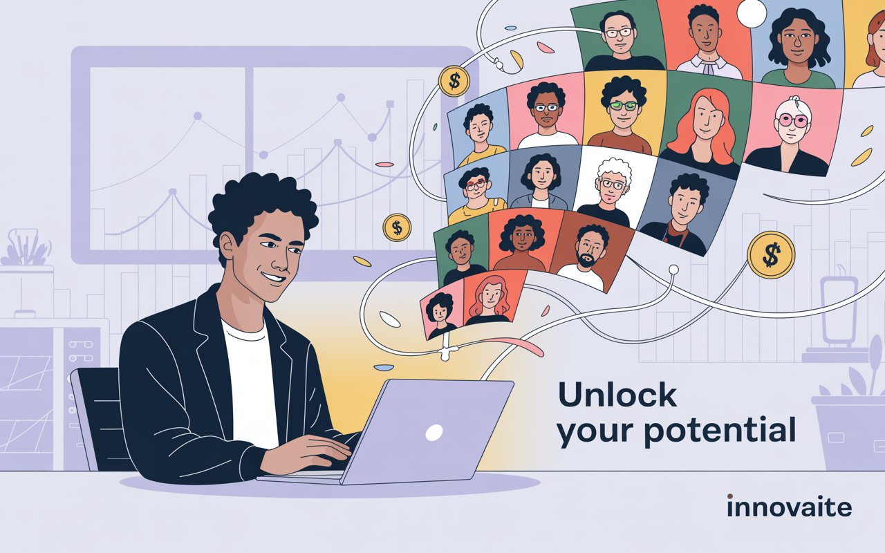 Cartoon-style tech founder using AI to create headshots with dollar signs and growth charts in background.